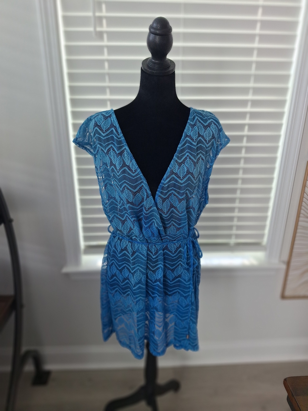 Blue Lace Wrap Swim Coverup with Tie Waist